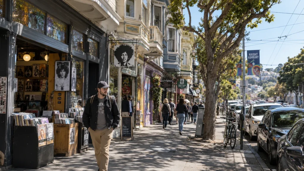 Traveler walking through Haight-Ashbury past colorful Victorian buildings, record shops, and vintage storefronts.