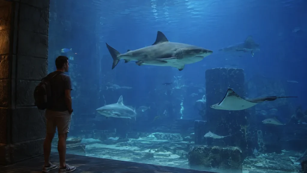 Traveler watching sharks and rays through a large aquarium window at Mandalay Bay.