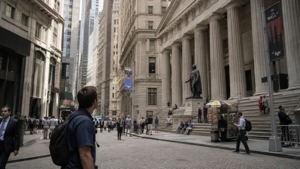 Federal Hall and Wall Street surrounded by historic buildings, office workers, and visitors in Lower Manhattan.
