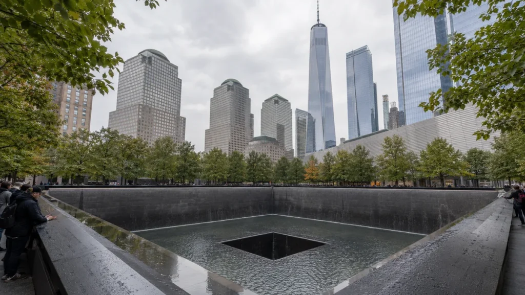 9/11 Memorial reflecting pool with quiet visitors and One World Trade Center rising behind it.