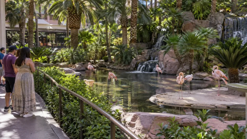 Flamingos beside a landscaped pond at the Flamingo Wildlife Habitat in Las Vegas.