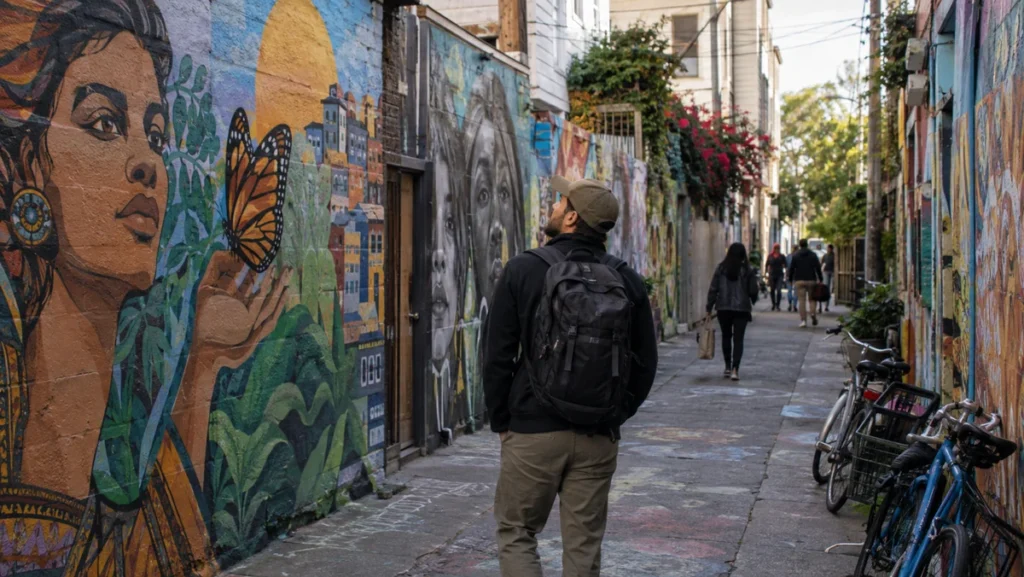 Traveler walking through a mural-lined alley in San Francisco's Mission District.