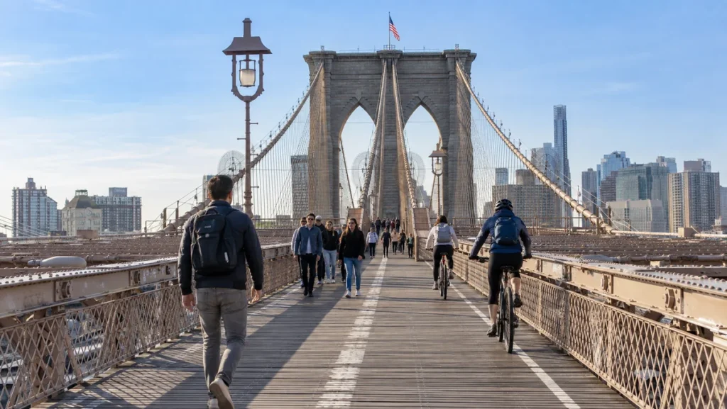 Male traveler walking toward Brooklyn on the Brooklyn Bridge pedestrian path with the stone tower ahead.