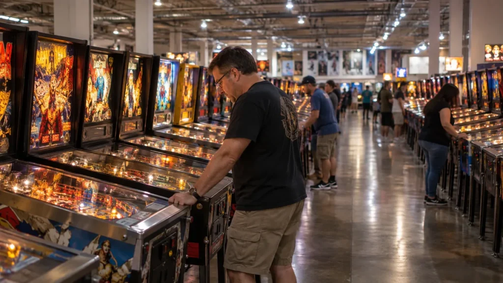 Visitor playing a vintage pinball machine inside the Pinball Hall of Fame.