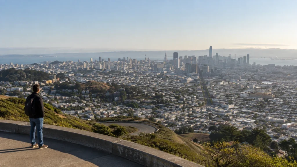 Wide view across San Francisco from Twin Peaks with a traveler standing at the overlook.