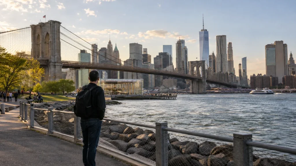 Brooklyn Bridge Park in DUMBO with the Brooklyn Bridge, East River, and Lower Manhattan skyline.
