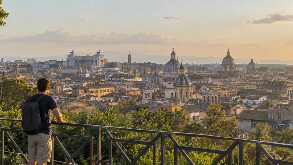 Historic Rome skyline viewed from Gianicolo Hill in late-afternoon light.