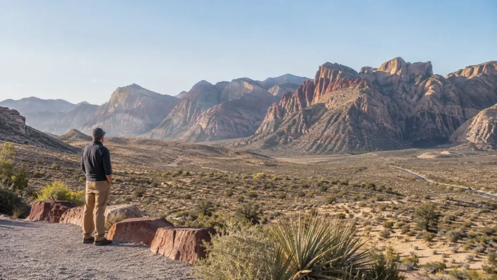 Male traveler overlooking red sandstone formations at Red Rock Canyon near Las Vegas.