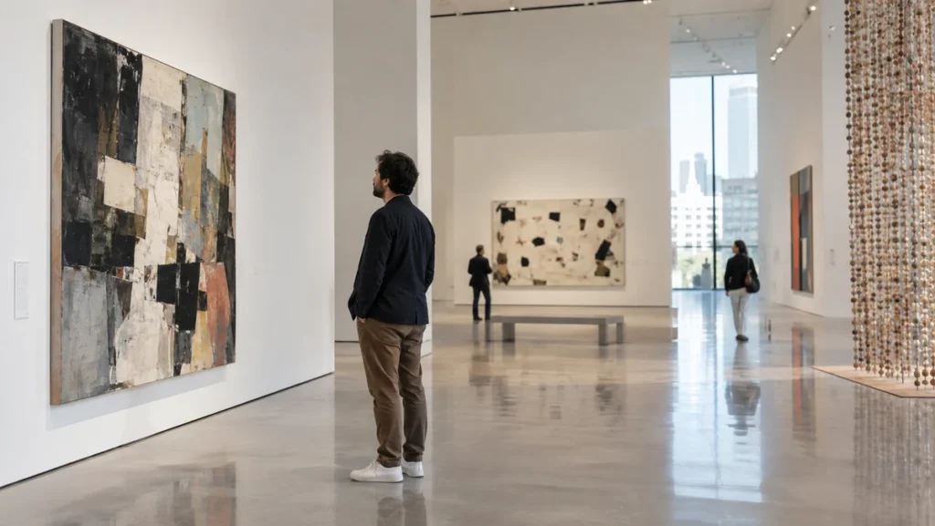 Male visitor viewing contemporary abstract art inside a modern SFMOMA gallery.