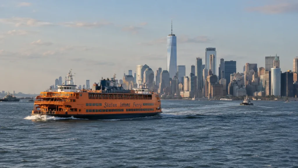 Orange Staten Island Ferry crossing New York Harbor with Lower Manhattan and One World Trade Center behind it.