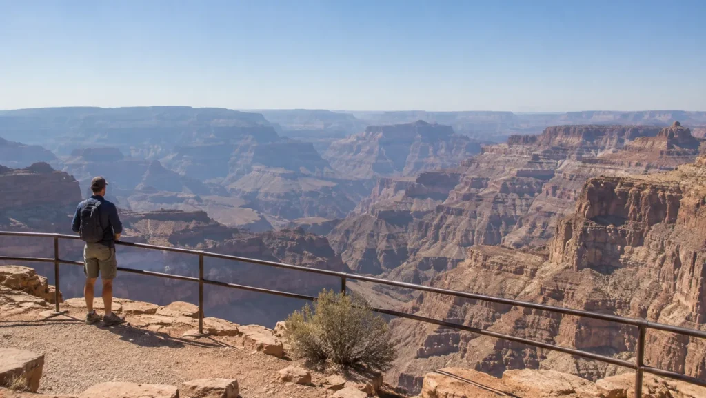 Male traveler looking across the layered canyon landscape at Grand Canyon West.