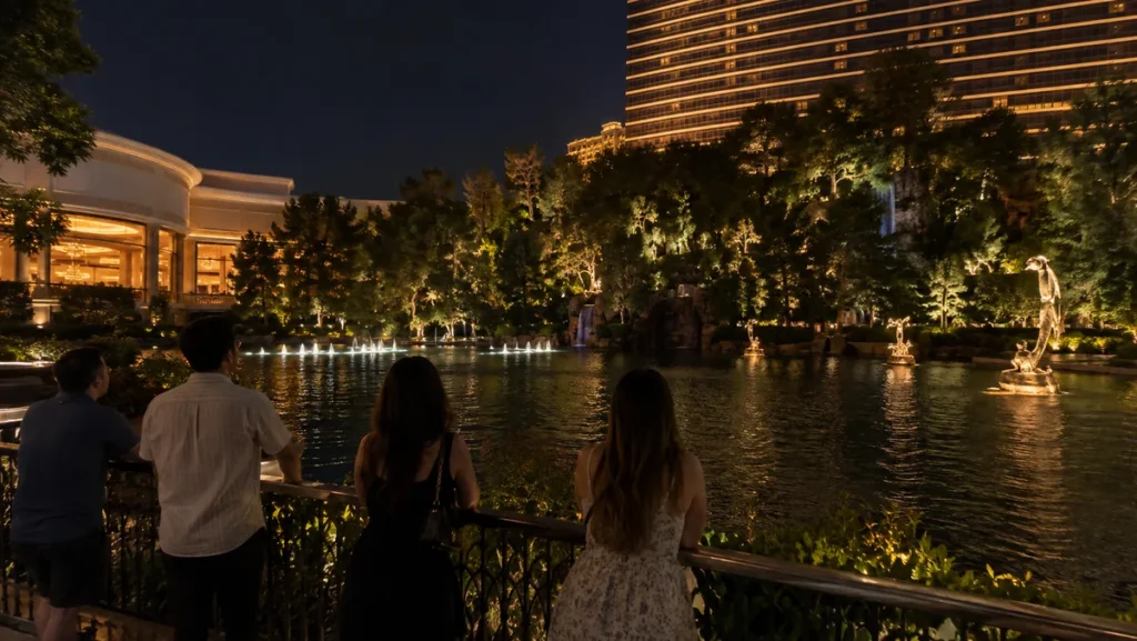 Visitors watching the illuminated Lake of Dreams at Wynn Las Vegas at night.