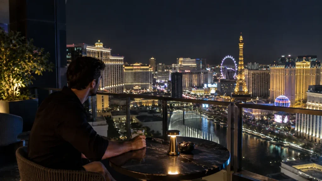 Male traveler overlooking the illuminated Las Vegas Strip from a high-floor lounge.