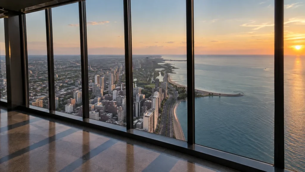 Lake Michigan and the Chicago shoreline viewed from a high observation deck.