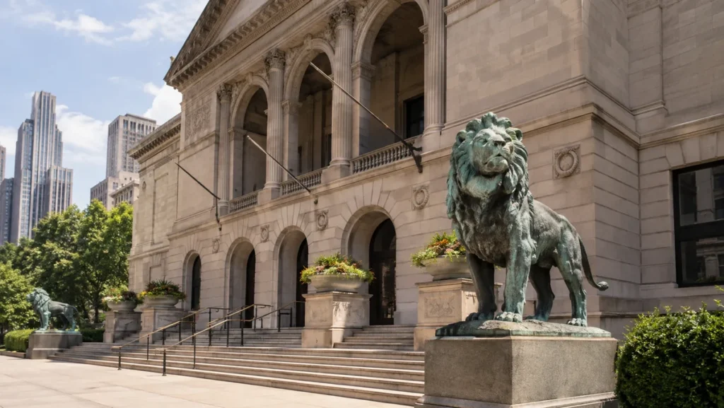 Historic stone entrance and bronze lion at the Art Institute of Chicago.