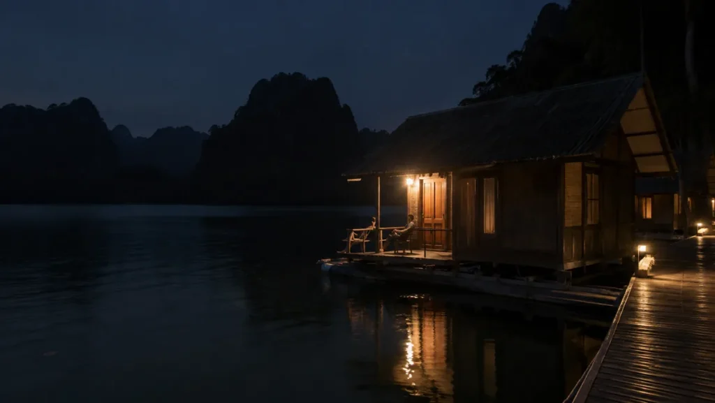 Wooden floating bungalow lit at night on Cheow Lan Lake