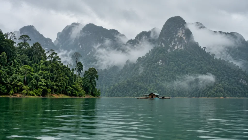 Mist around limestone cliffs on Cheow Lan Lake after morning rain