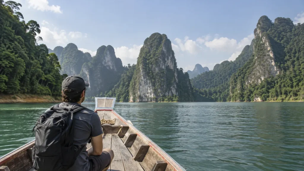 Longtail boat crossing Cheow Lan Lake toward limestone karsts