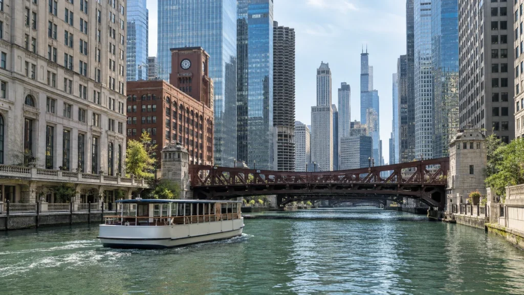 Architecture sightseeing boat traveling between skyscrapers on the Chicago River.