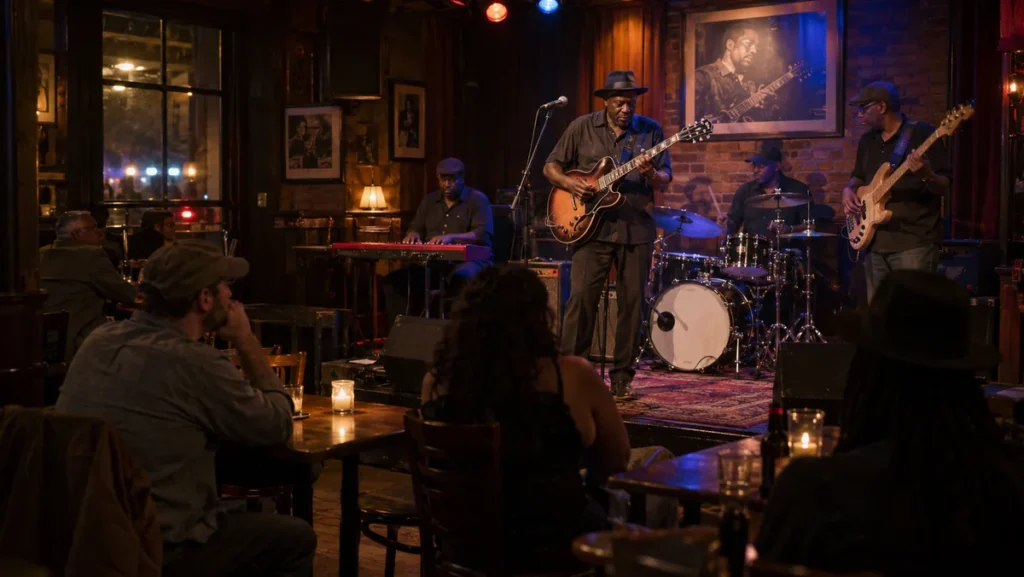 Blues band performing on a small Chicago club stage in front of seated guests.