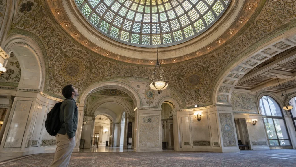 Ornate stained-glass dome and mosaic interior inside the Chicago Cultural Center.