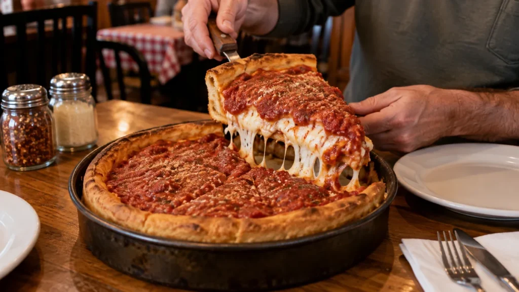 Chicago-style deep-dish pizza with a thick crust and a slice being lifted from the pan.