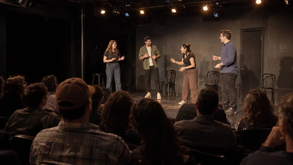 Improv performers on a small Chicago theater stage with an audience watching.