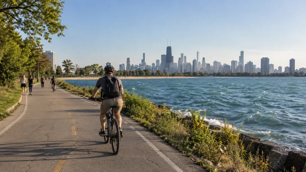 Cyclist riding the Chicago Lakefront Trail with Lake Michigan and the skyline nearby.