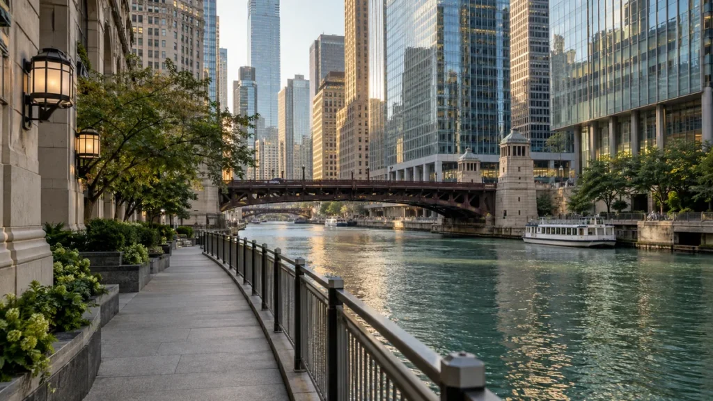 Chicago Riverwalk beside downtown skyscrapers and the Chicago River.