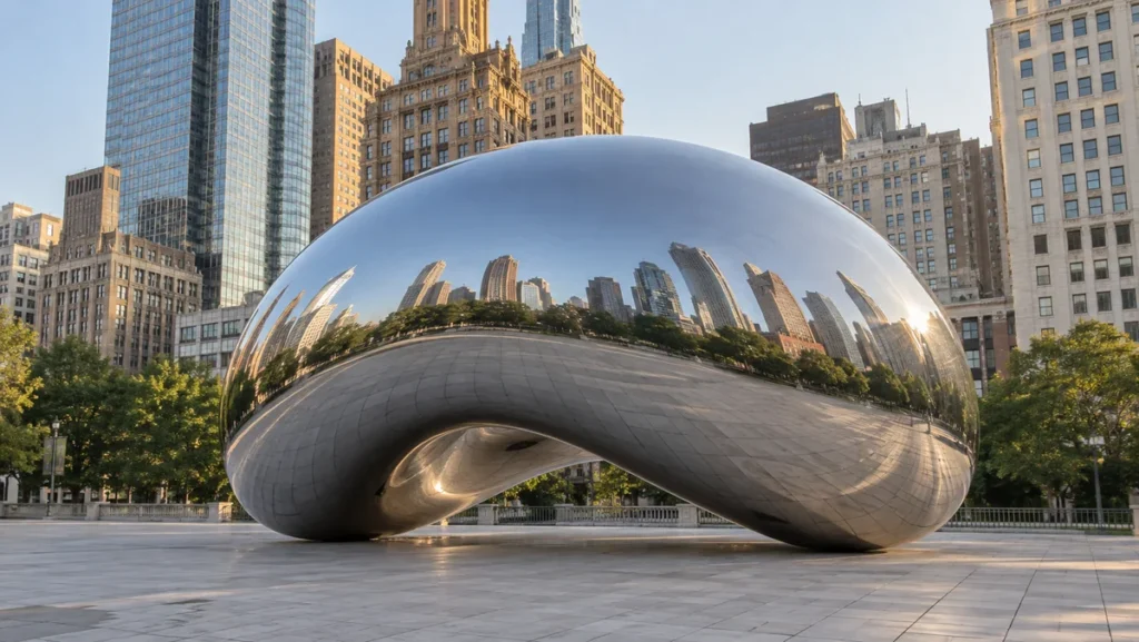 Cloud Gate reflecting Chicago buildings in Millennium Park.
