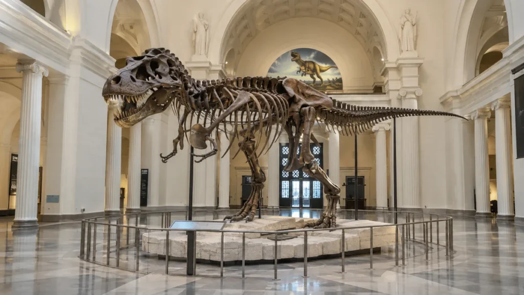T. rex skeleton displayed inside the grand hall of Chicago’s Field Museum.
