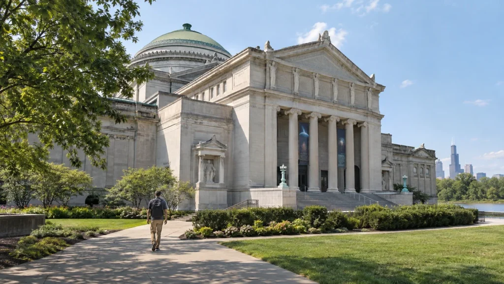 Griffin Museum of Science and Industry exterior in Hyde Park with landscaped grounds.