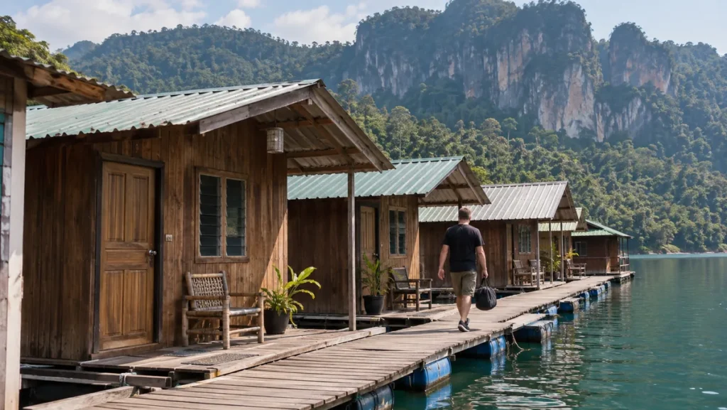 Simple wooden floating raft houses on Cheow Lan Lake