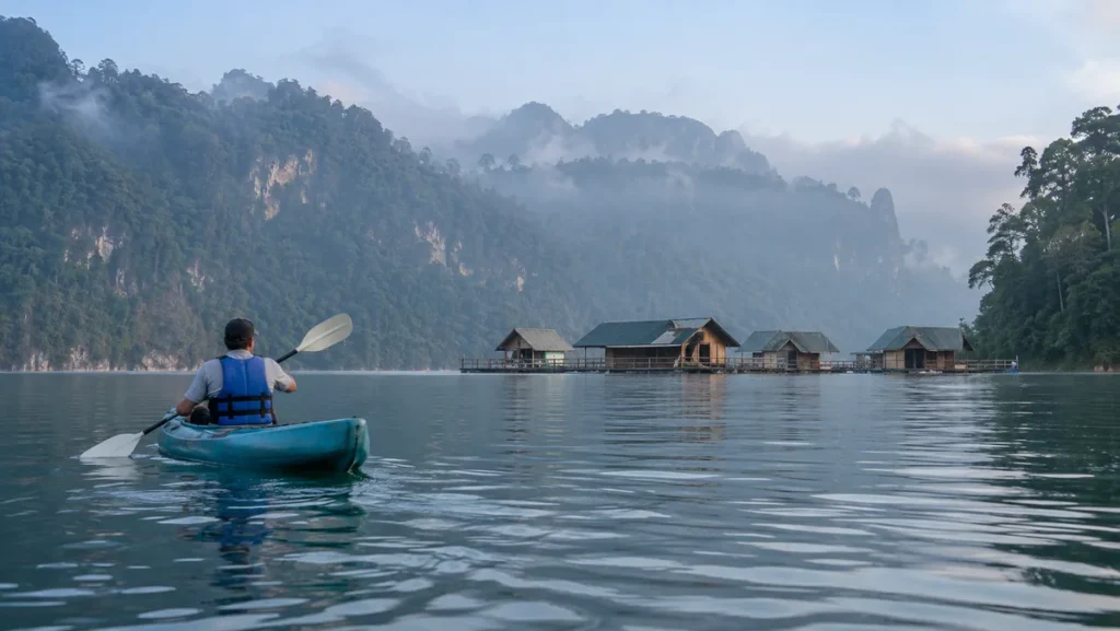 Comfortable floating bungalow with private balcony on Cheow Lan Lake