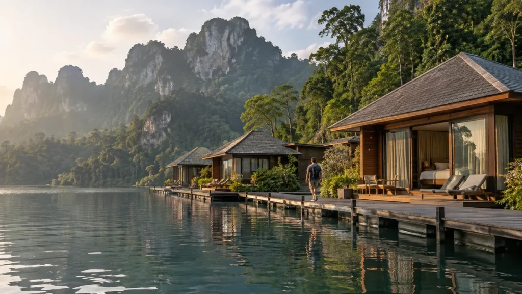 High-end floating villas surrounded by limestone mountains on Cheow Lan Lake