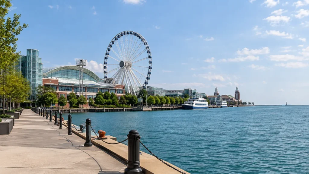 Centennial Wheel rising above Navy Pier beside Lake Michigan.