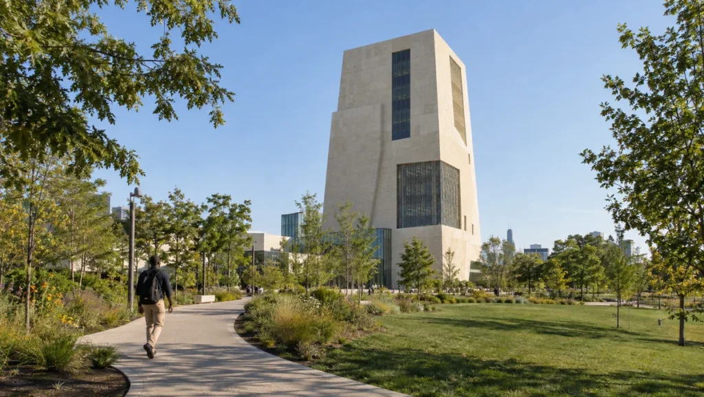 Obama Presidential Center rising above the landscaped campus in Jackson Park, Chicago.