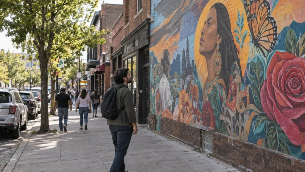 Colorful mural on a brick street in Chicago’s Pilsen neighborhood.