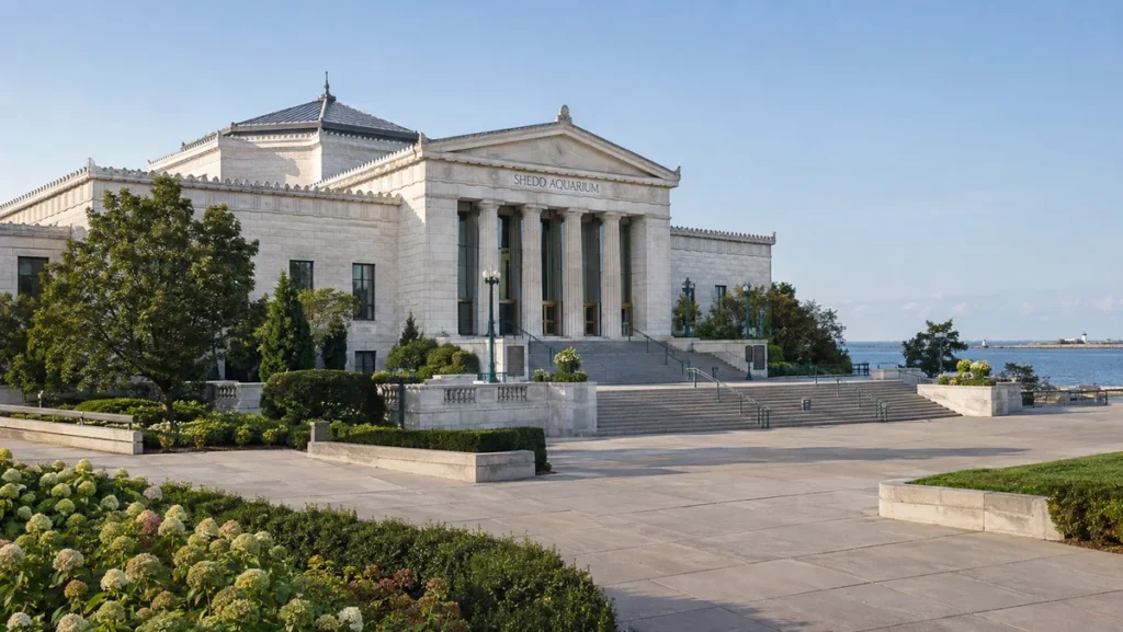 Historic Shedd Aquarium building on Chicago’s Museum Campus beside Lake Michigan.