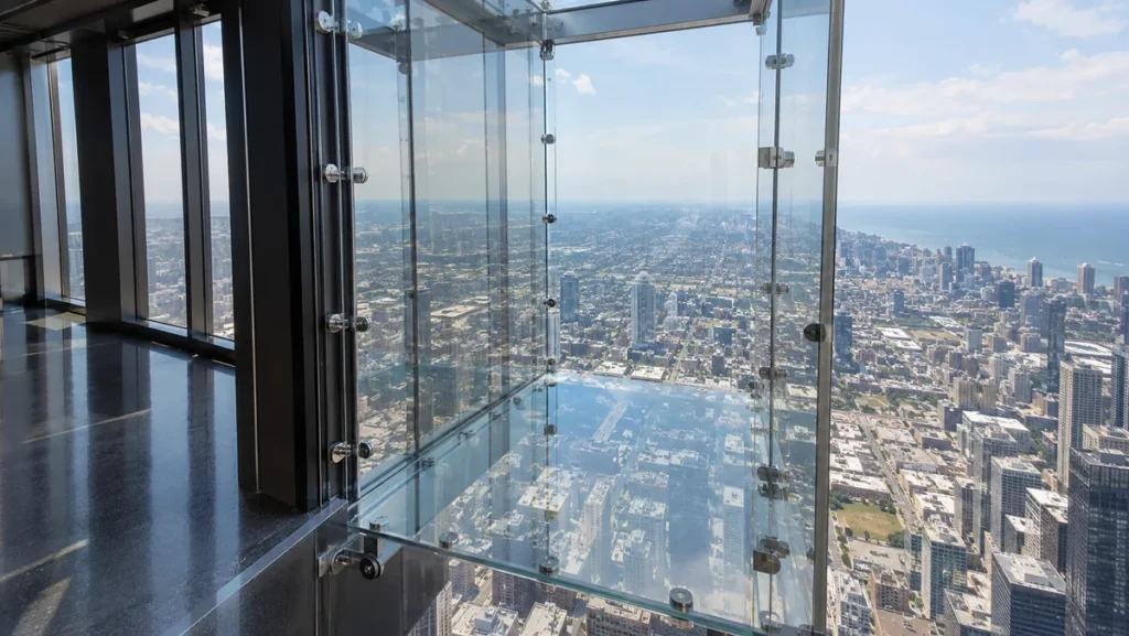 Glass Ledge extending high above downtown Chicago from Willis Tower.