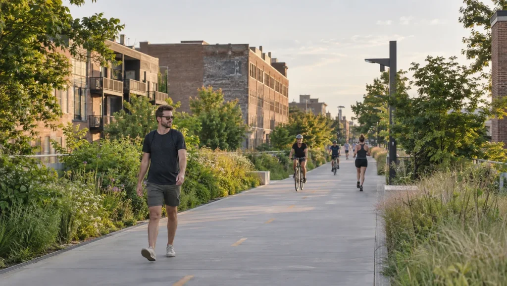 Pedestrians and cyclists using The 606 elevated trail near Wicker Park in Chicago.