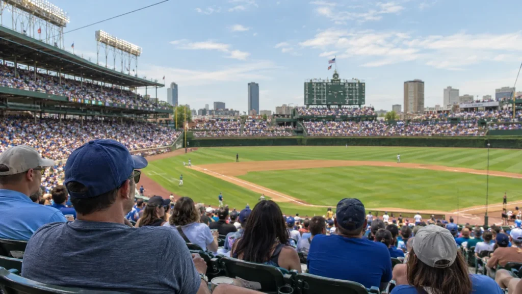 Baseball game inside Wrigley Field with ivy-covered outfield walls and spectators.