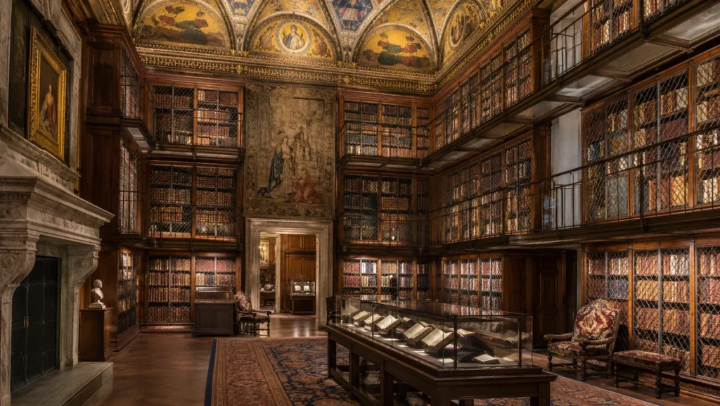Ornate historic library room with towering wooden bookshelves, rare books, and a decorated ceiling at the Morgan Library.