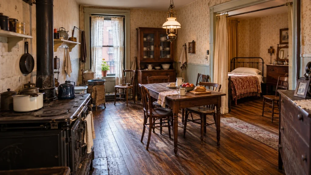 Restored early twentieth-century immigrant apartment with a wooden dining table, cast-iron stove, and simple furnishings.