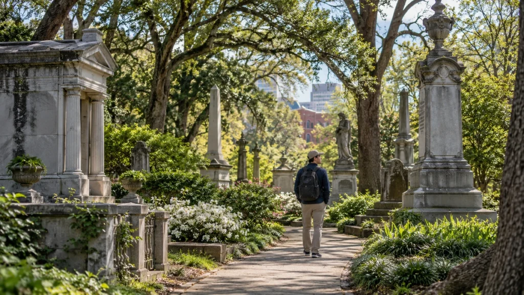 Tree-lined path and historic stone monuments at Oakland Cemetery in Atlanta.