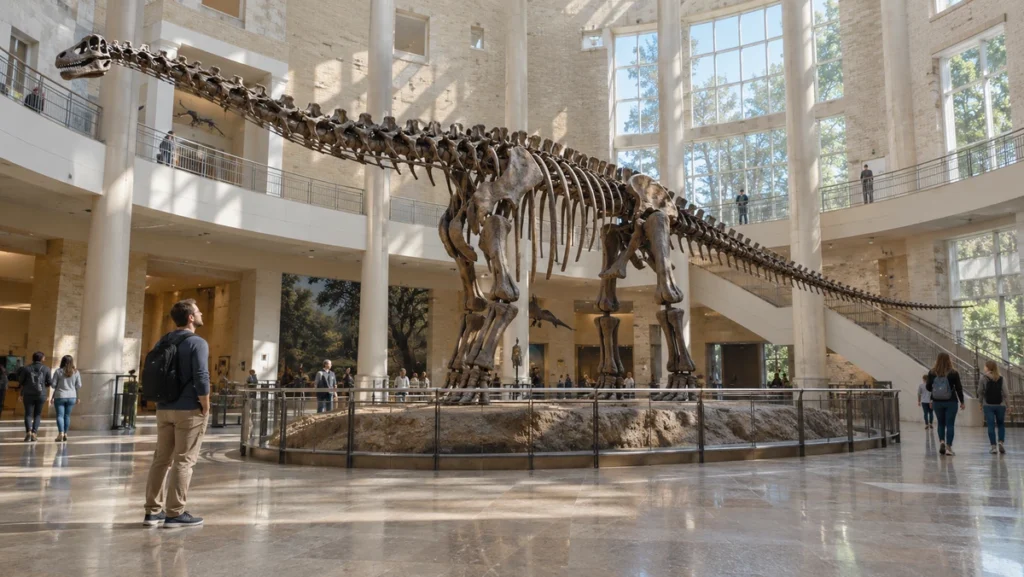 Large dinosaur skeleton displayed inside Fernbank Museum in Atlanta.
