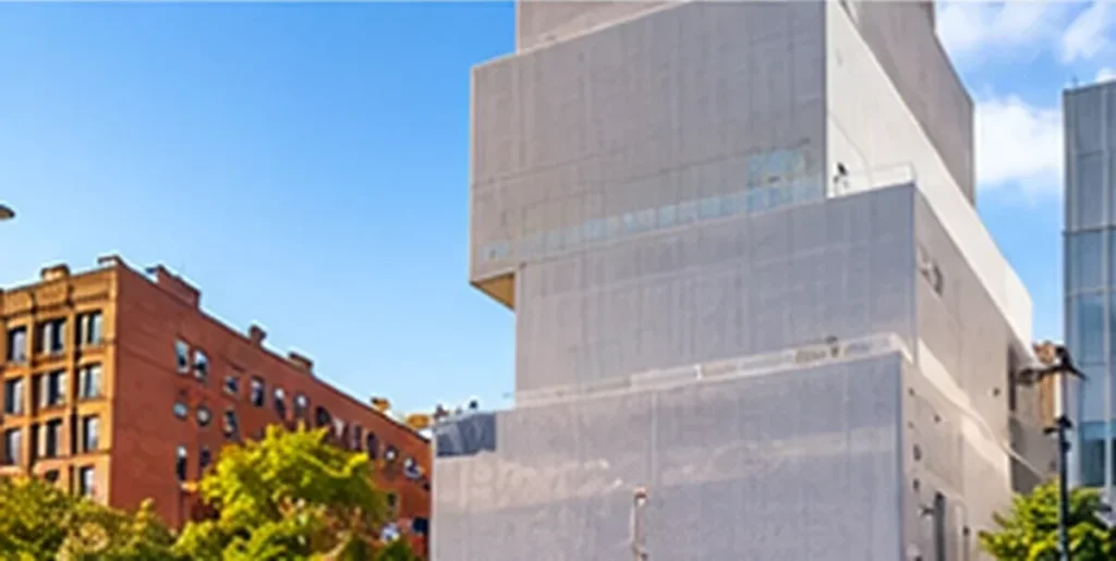 Distinctive stacked white architectural volumes of the expanded New Museum on the Bowery in Lower Manhattan.