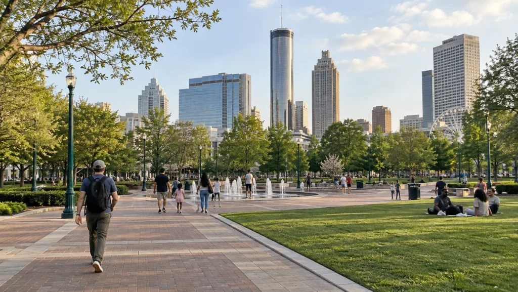 Visitors walking through Centennial Olympic Park surrounded by Downtown Atlanta buildings.