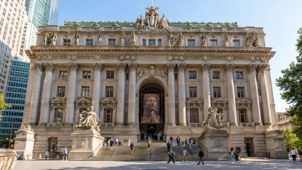 Grand Beaux-Arts limestone facade, Corinthian columns, and entrance sculptures of the National Museum of the American Indian.