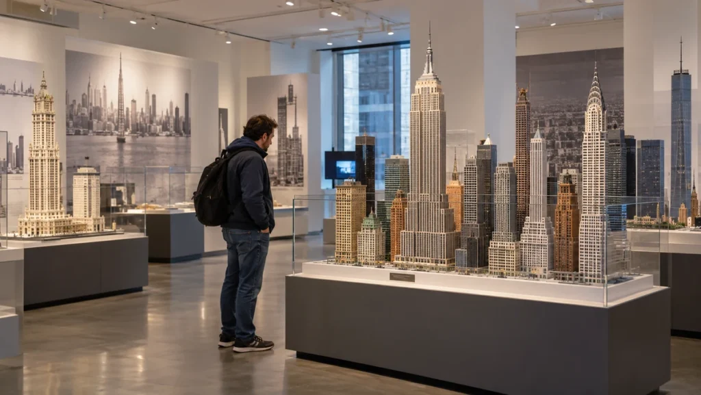 Detailed architectural scale models of Manhattan skyscrapers displayed inside the Skyscraper Museum in Lower Manhattan.